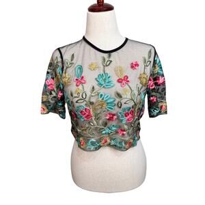 Rebellion embroidered sheer mesh crop top black floral velvet trim Sz M NWT
